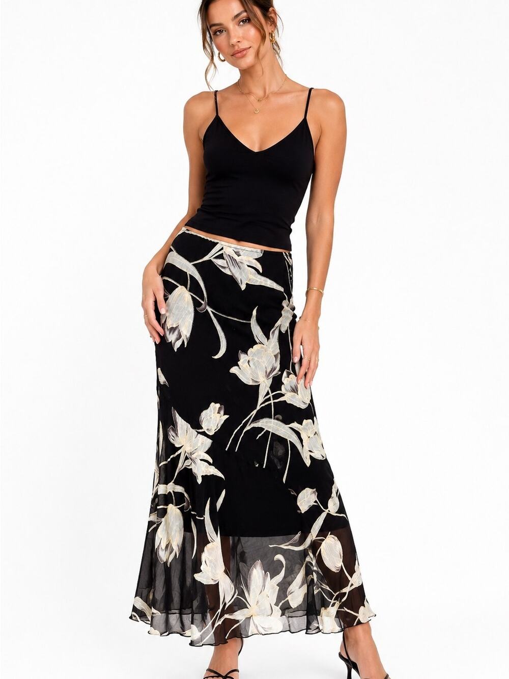 90s Y2K Black Sheer Floral Maxi Skirt Metallic Gold Detail Stretch M Whimsigoth